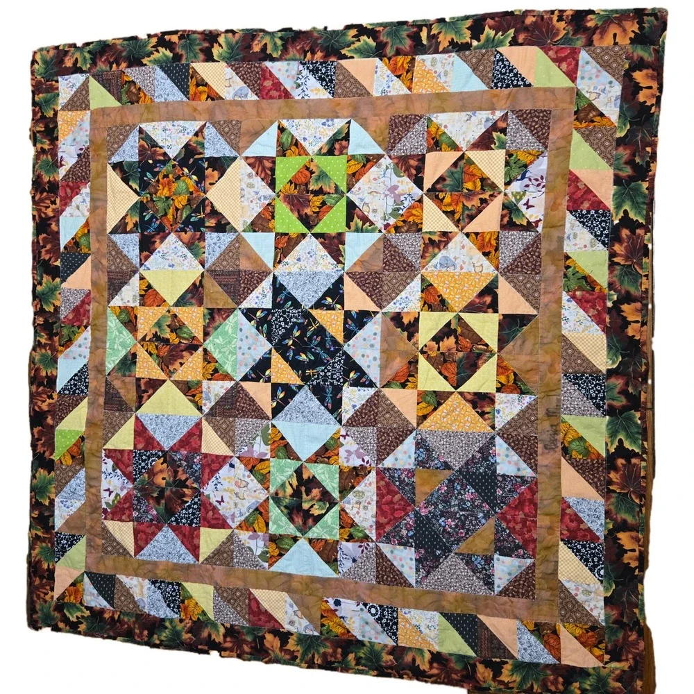 Handmade Autumn Star Patchwork Quilt Fall Leaf Border Brown Orange 59x59